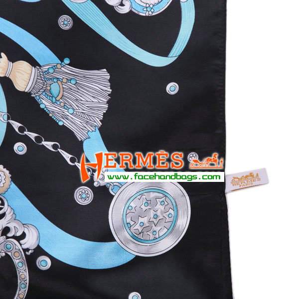 Hermes 100% Silk Square Scarf Black/Blue HESISS 90 x 90 - Click Image to Close
